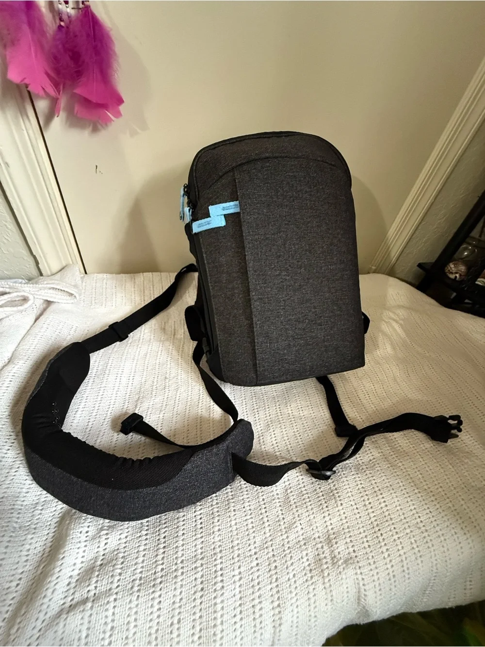 Men's Compact Black Sling Bag with Light Blue Accents